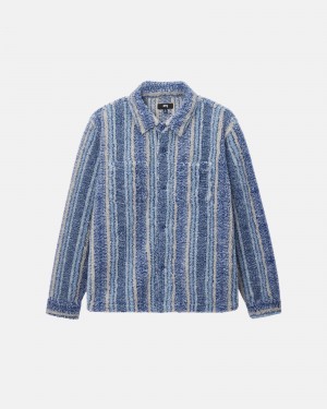 Stussy Gestreept Sherpa Shirts Indigo | 83795-OEJY