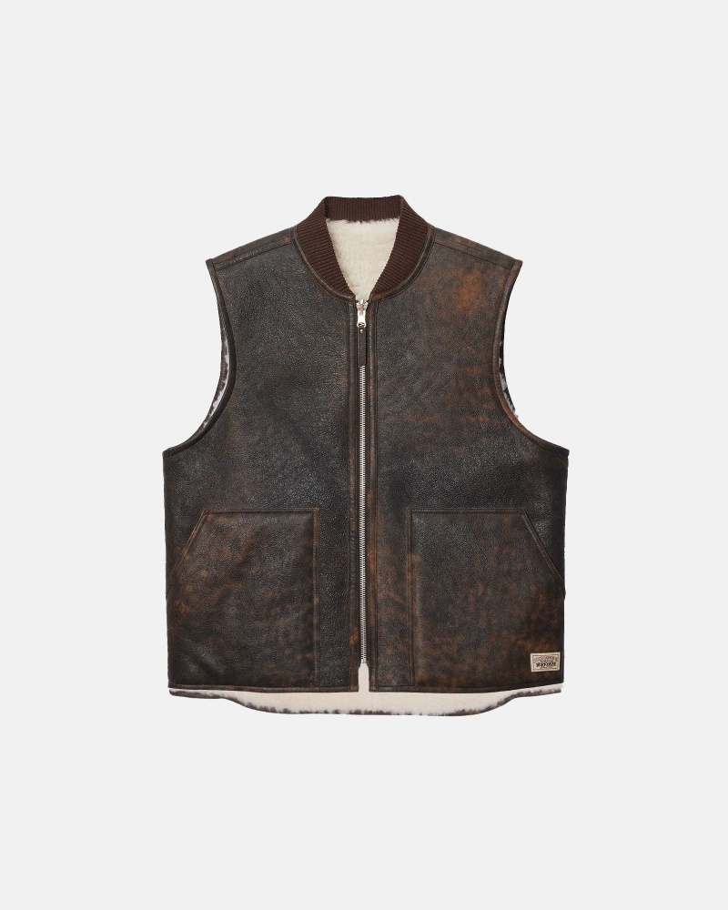 Stussy Reversible Shearling Workgear Vest Bruin | 38509-HTXE